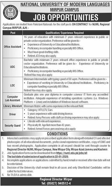 National University Of Modern Languages NUML Mirpur Jobs – National University of Modern Languages Islamabad Jobs 2026 — original advertisement