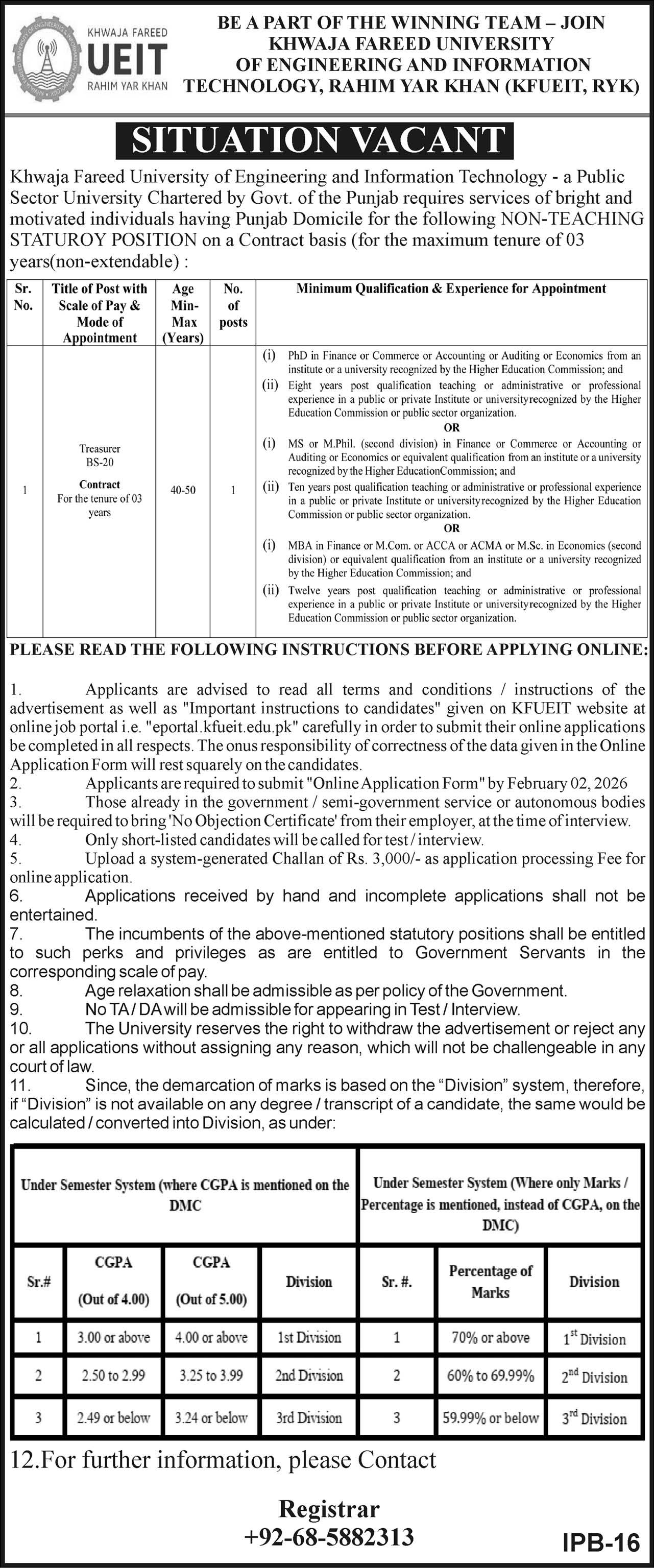 University Of Engineering & Information Technology Job 2026 – Khawaja Fareed University of Engineering and Information Technology Jobs 2026 — original advertisement