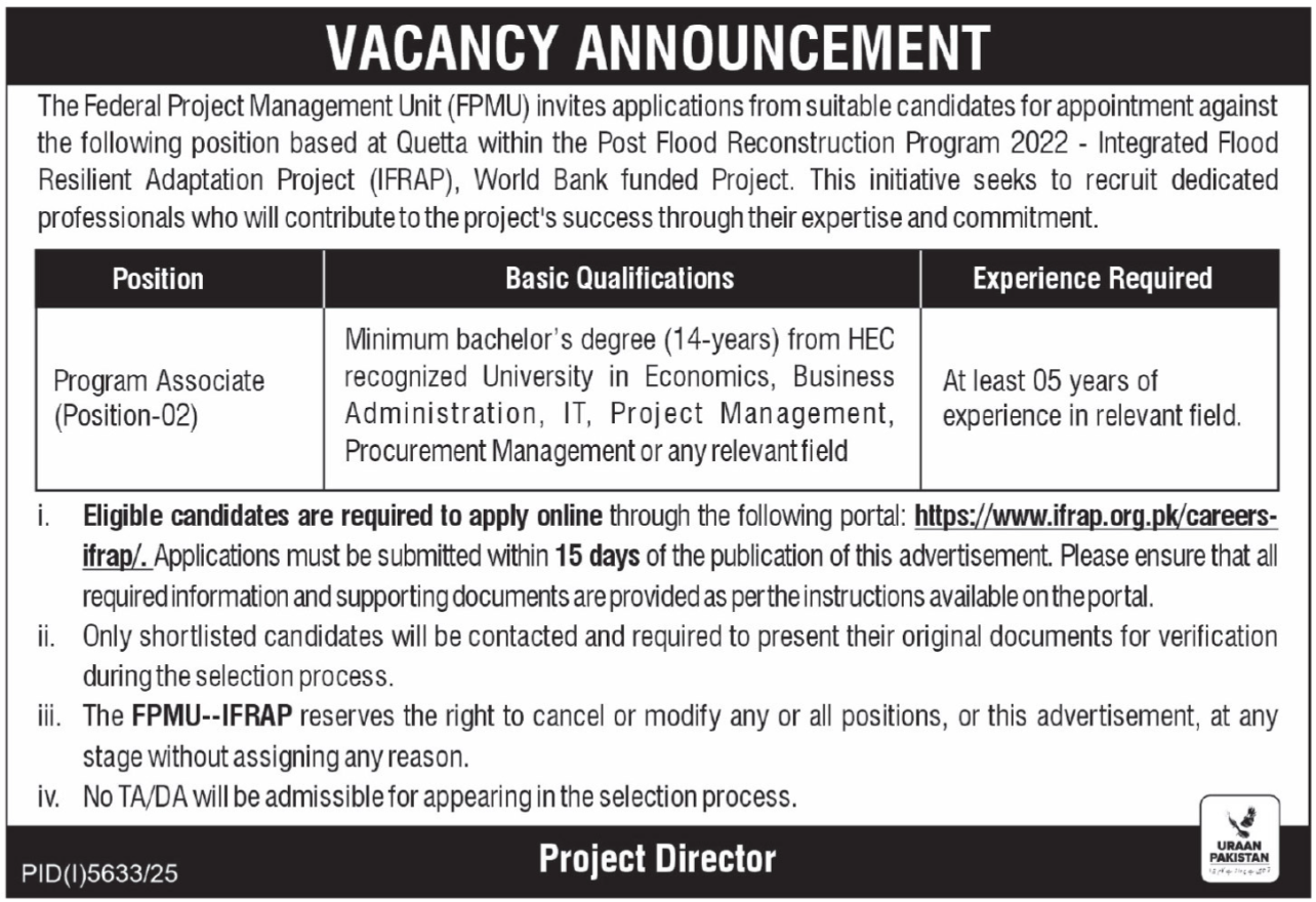 Federal Project Management Unit FPMU IFRAP Jobs 2026 – Public Sector Organization Jobs 2026 — original advertisement