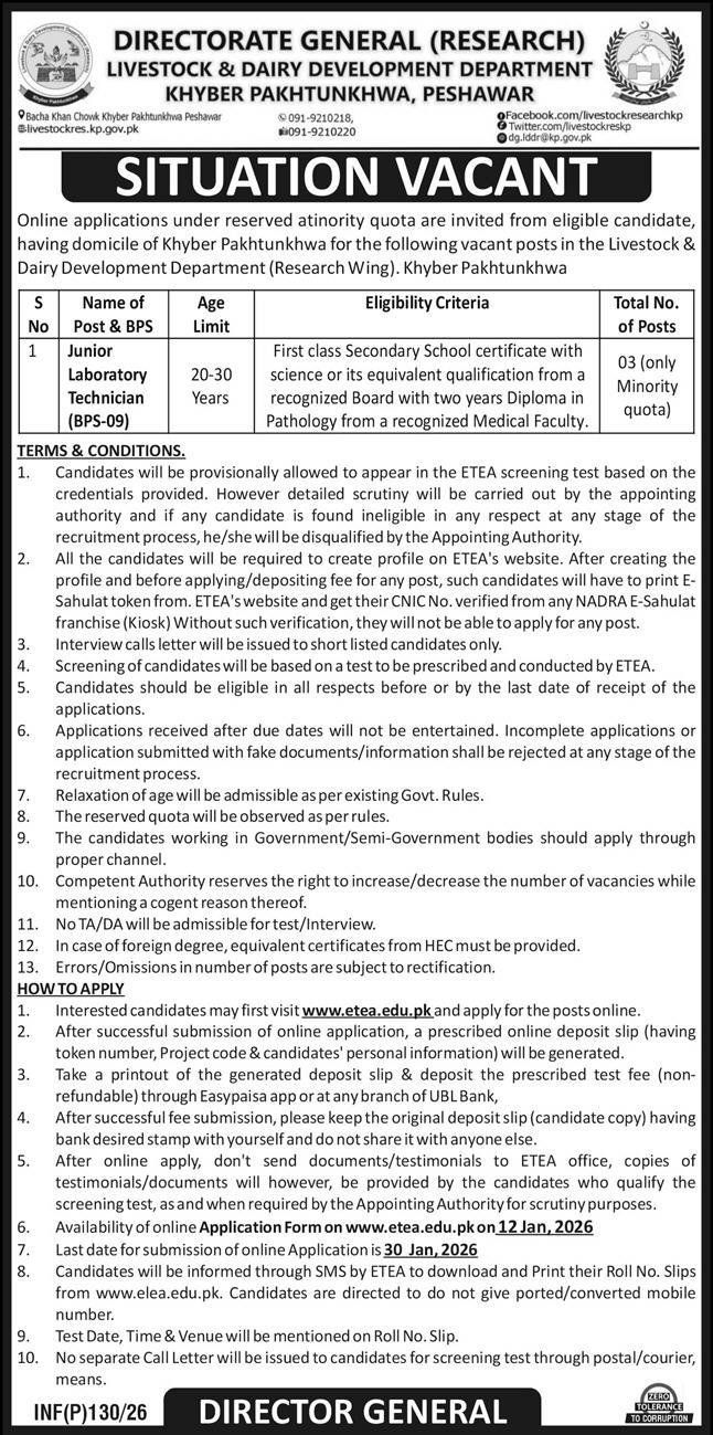 Livestock & Dairy Development Department Peshawar Jobs 2026 Jobs 2026 — original advertisement