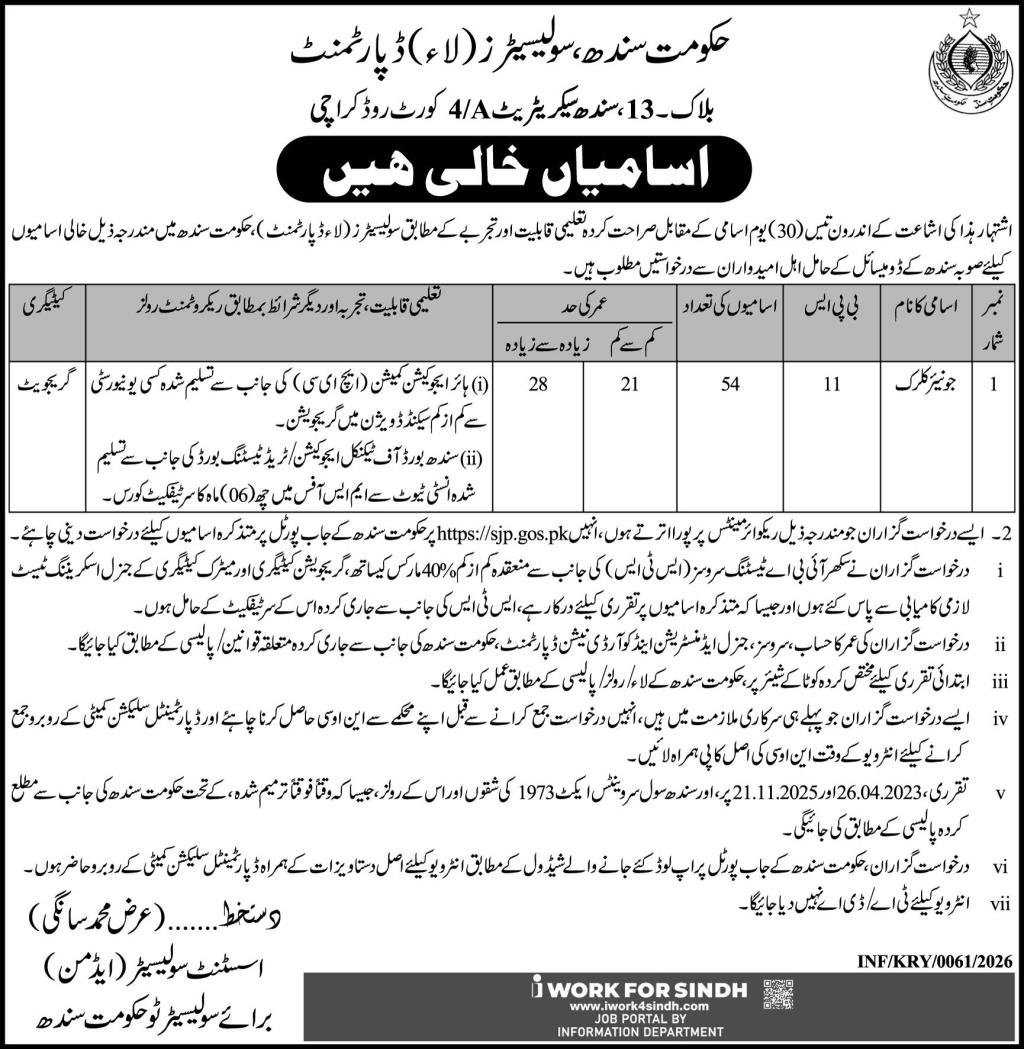 Solicitor Department Sindh Jobs 2026 For Junior Clerk – Govt of Sindh Jobs 2026 — original advertisement
