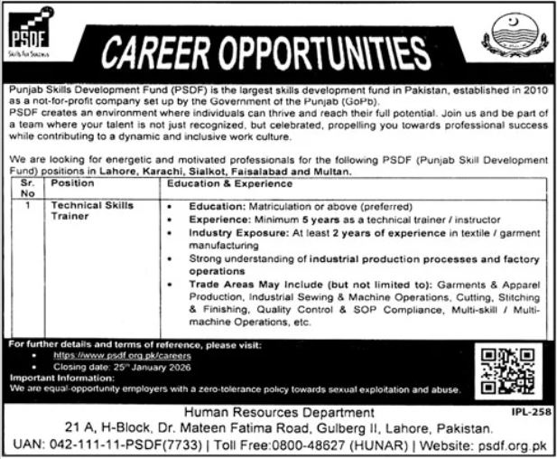 Punjab Skills Development Fund PSDF Lahore Jobs 2026 Jobs 2026 — original advertisement