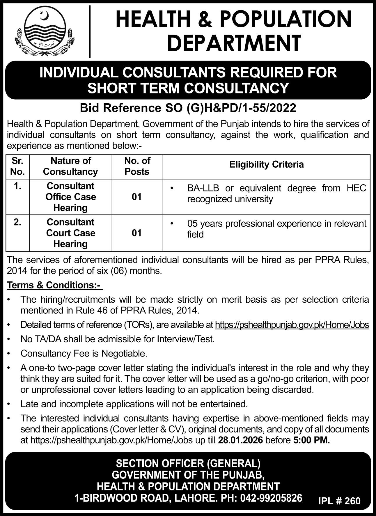Health & Population Department Lahore Jobs 2026 – Population Welfare Department Punjab Jobs 2026 — original advertisement
