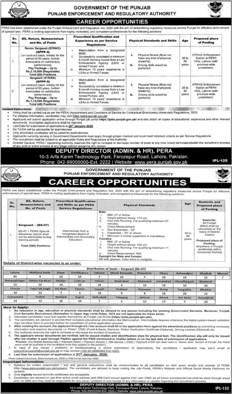 Punjab Enforcement And Regulatory Authority PERA Lahore Jobs – Public Sector Organization Jobs 2026 — original advertisement
