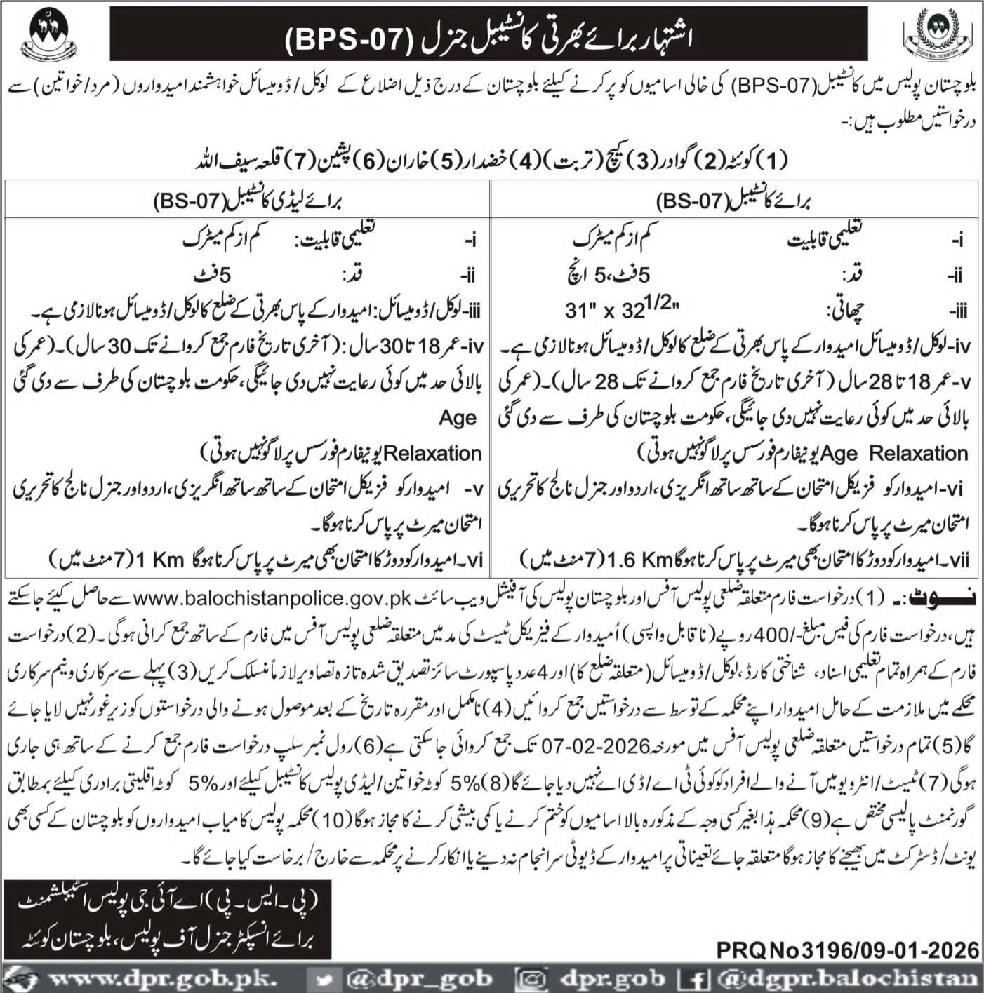 Balochistan police Department Jobs 2026 Jobs 2026 — original advertisement