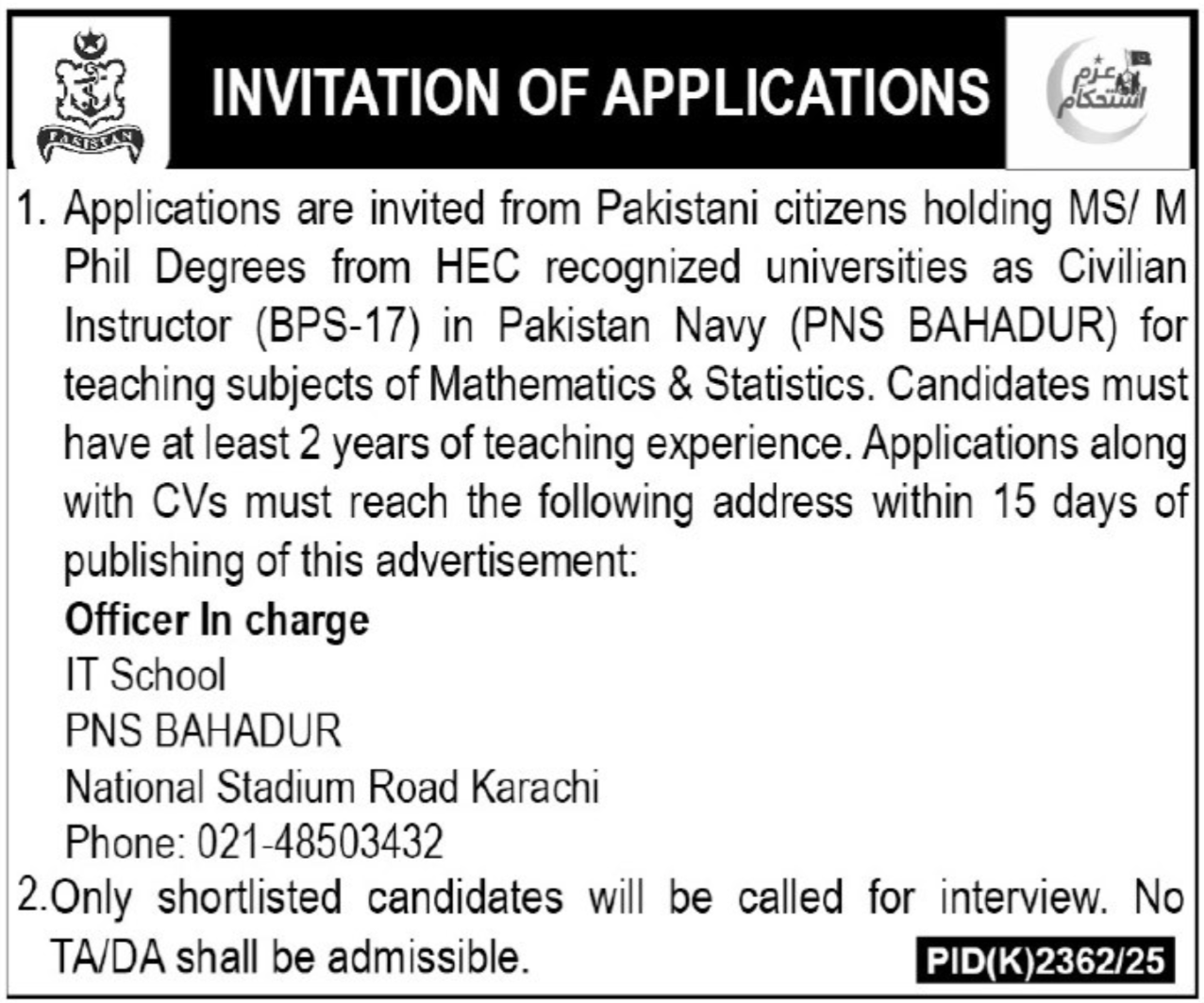 Pakistan Navy PNS Bahadur Karachi Jobs 2026 Jobs 2026 — original advertisement