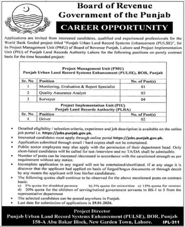 Board of Revenue Lahore Punjab Jobs 2026 – Federal Board of Revenue Jobs 2026 — original advertisement