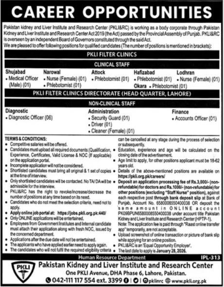 Pakistan Kidney And Liver Institute And Research Centre Jobs – Pakistan Kidney And Liver Institute (PKLI) And Research Centre Lahore Jobs 2026 — original advertisement