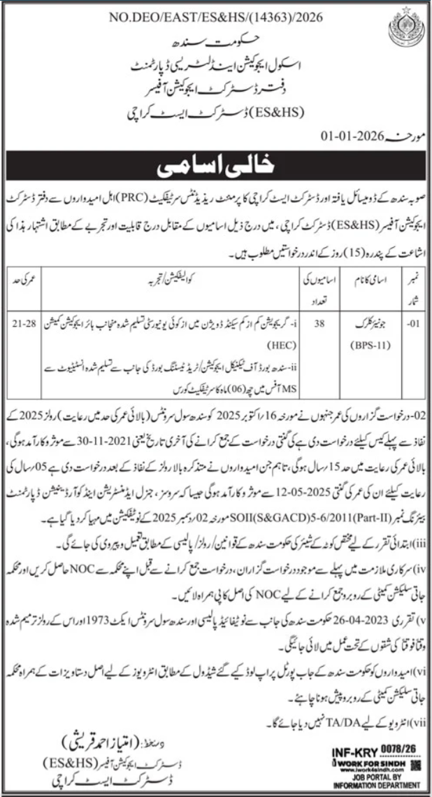 School Education & Literacy Department Sindh Jobs 2026 Jobs 2026 — original advertisement