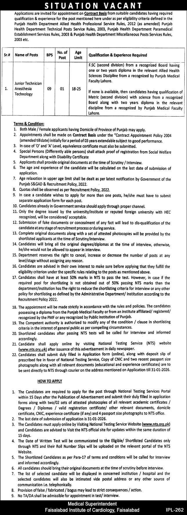 Faisalabad Institute Of Cardiology FIC Jobs 2026 – Punjab Institute of Cardiology Lahore Jobs 2026 — original advertisement