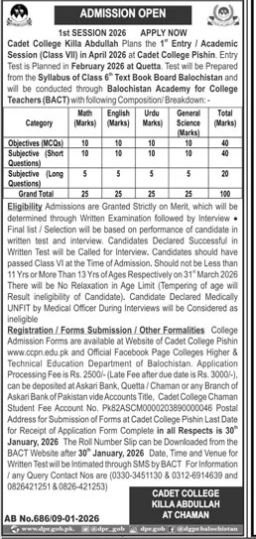 Admission Open in Cadet College Killa Abdullah 2026 – Cadet College Killasaifullah Balochsitan Admissions 2026 — original advertisement