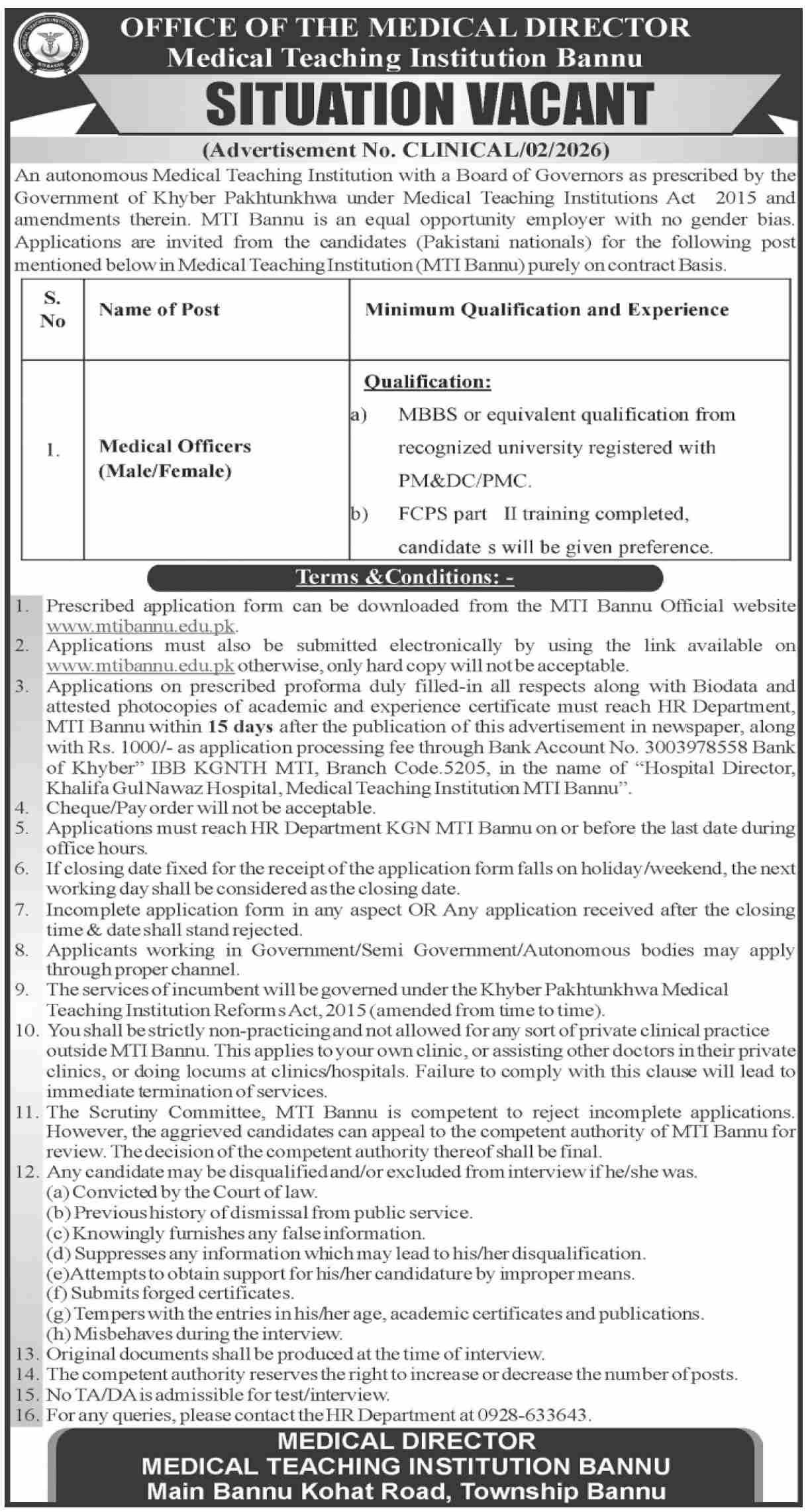 Medical Teaching Institute Bannu Jobs 2026 – Medical Teaching Institute MTI Khyber Teaching Hospital Peshawar Kpk Jobs 2026 — original advertisement
