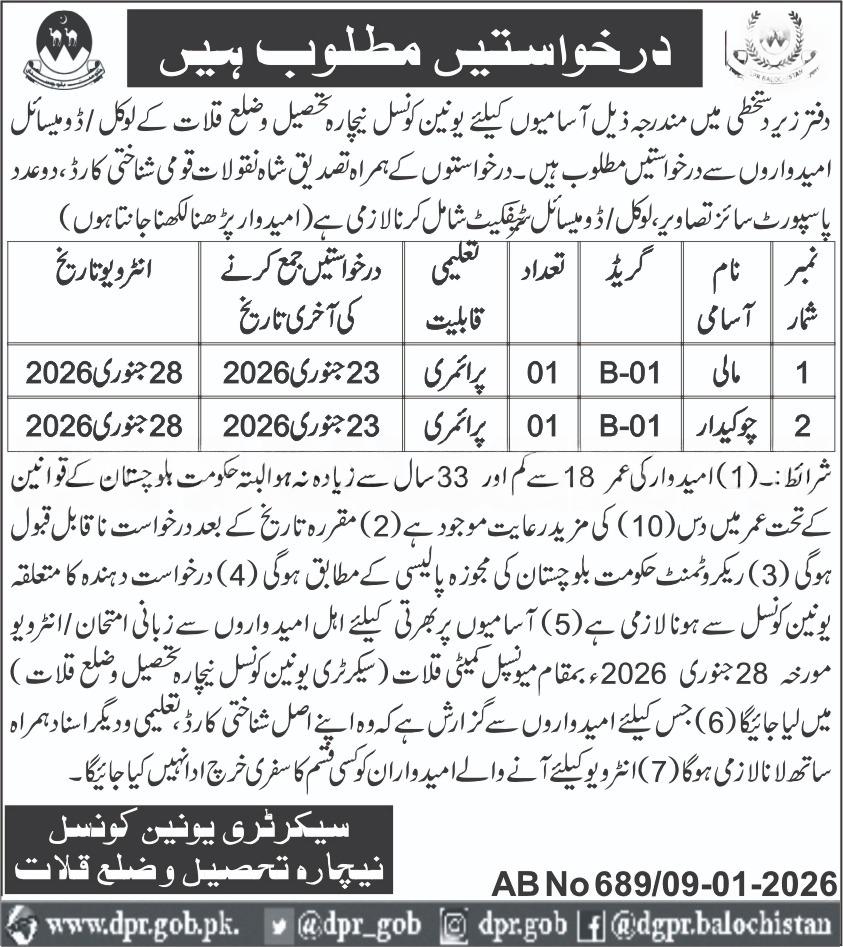Union Council Nechara Tehsil and District Kalat Jobs 2026 Jobs 2026 — original advertisement