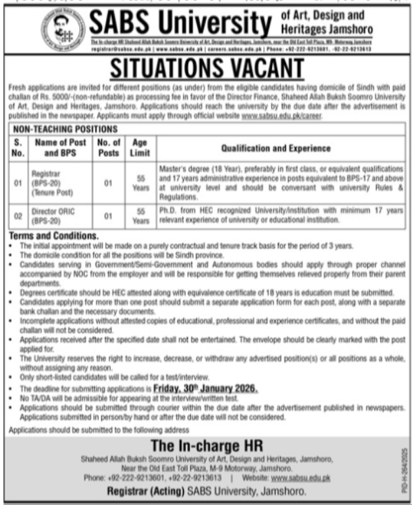 Shaheed Allah Buksh Soomro University of Art Design Jobs – Shaheed Allah Bux Soomro University Of Art Design & Heritage Jobs 2026 — original advertisement