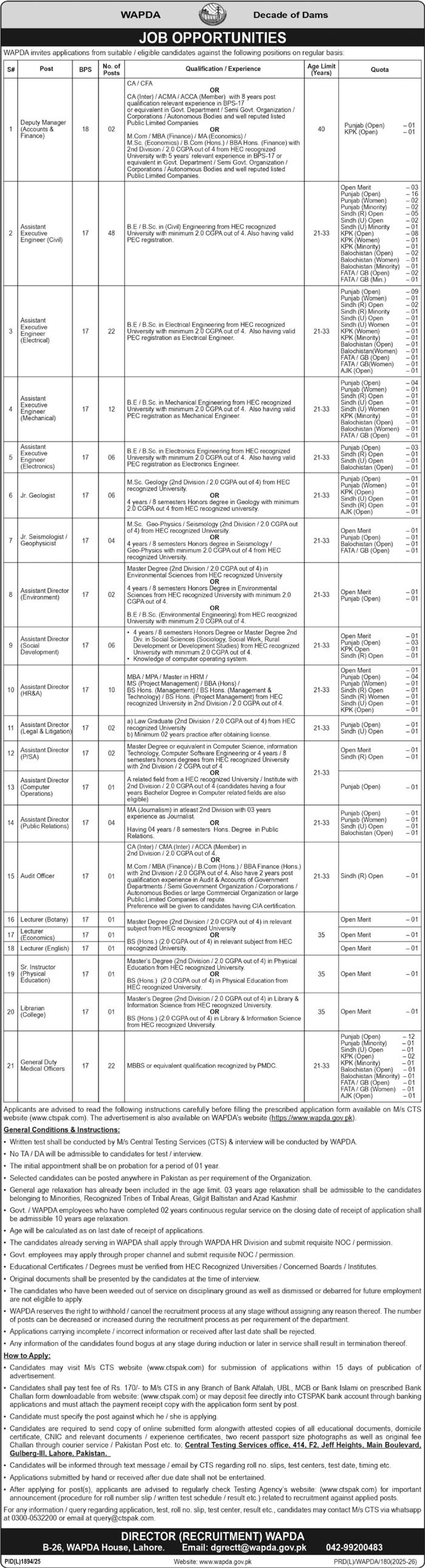Water and Power Development Authority WAPDA Lahore Jobs 2026 Jobs 2026 — original advertisement