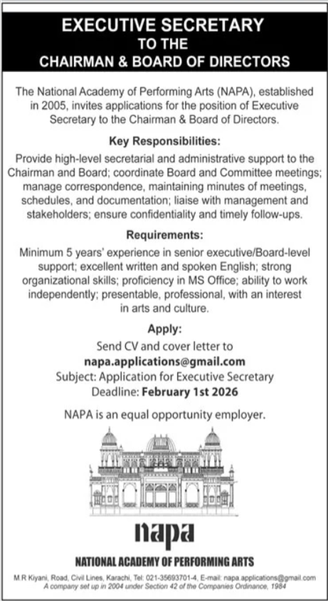 National Academy Of Performing Arts NAPA Karachi Jobs 2026 – National Academy Of Performing Art NAPA Jobs 2026 — original advertisement