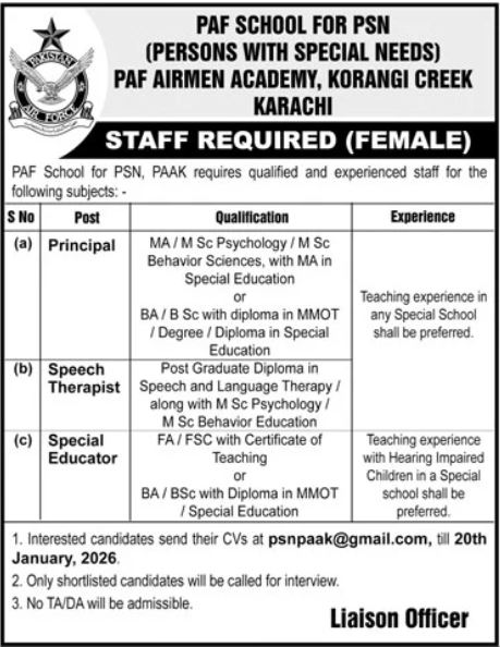 PAF School for Special Education Karachi Jobs 2026 – Pakistan Air Force Jobs 2026 — original advertisement