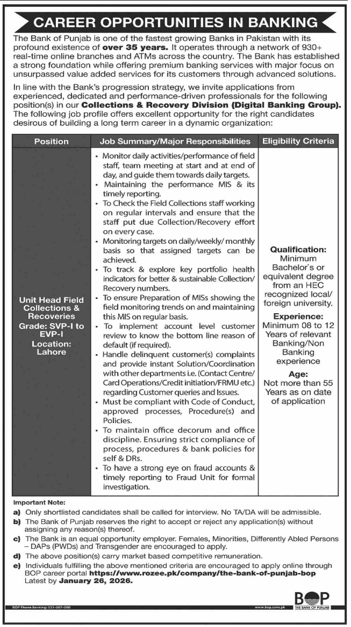 The Bank Of Punjab BOP Lahore Job 2026 Jobs 2026 — original advertisement