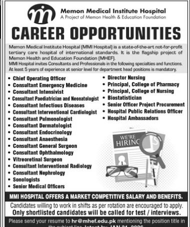 Memon Medical Institute Hospital Karachi Jobs 2026 – Public Sector Organization Jobs 2026 — original advertisement