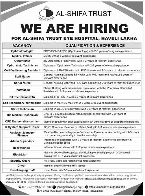 Al Shifa Trust Eye Hospital Rawalpindi Jobs 2026 – Al-Shifa Trust Eye Hospital Rawalpindi Pakistan Jobs 2026 — original advertisement