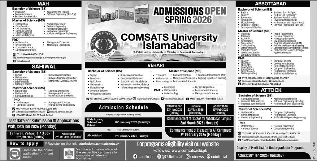 Admission Open in Comsats University Islamabad 2026 Admissions 2026 — original advertisement