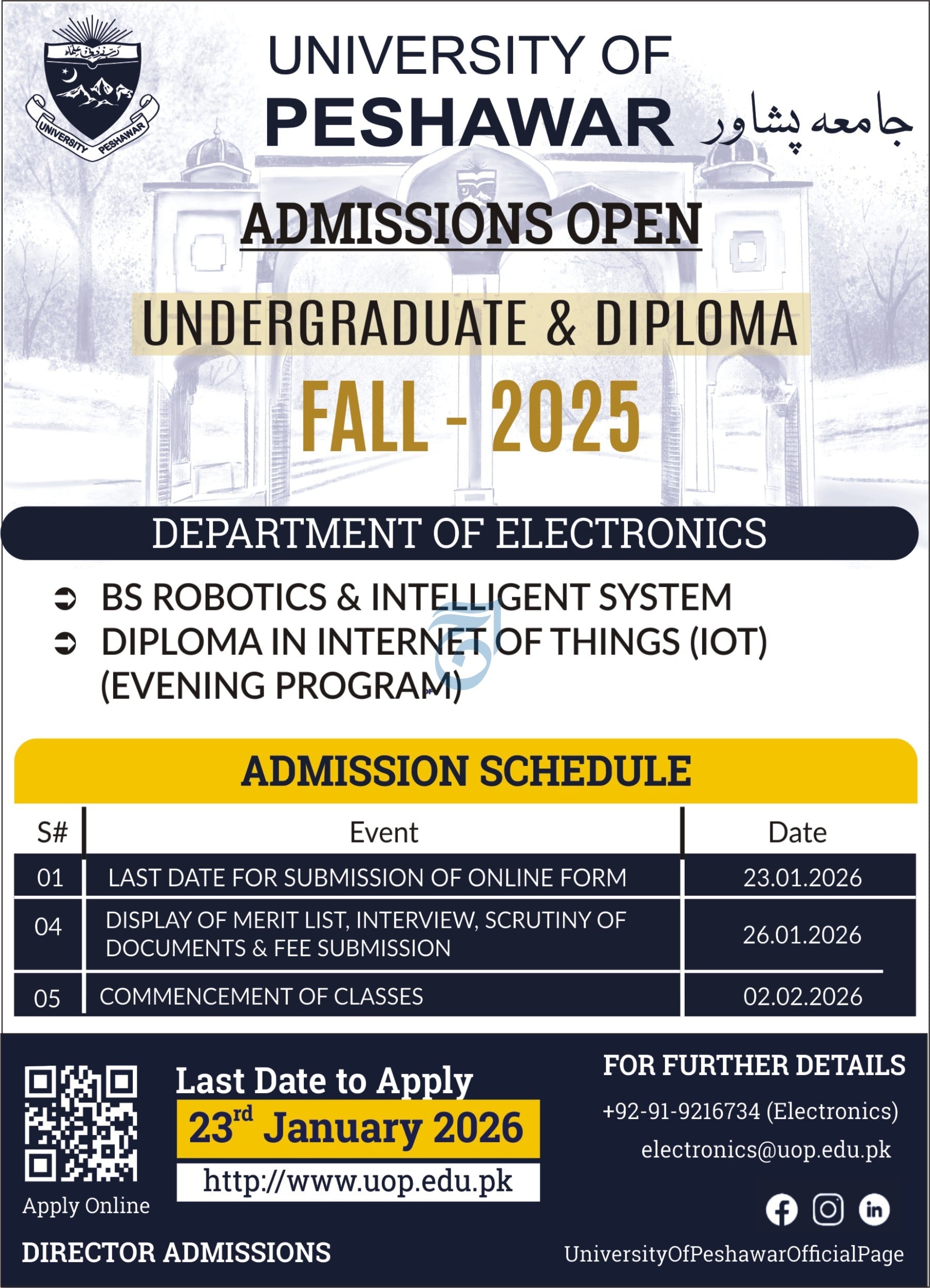 Admission Open in University of Peshawar 2026 Admissions 2026 — original advertisement