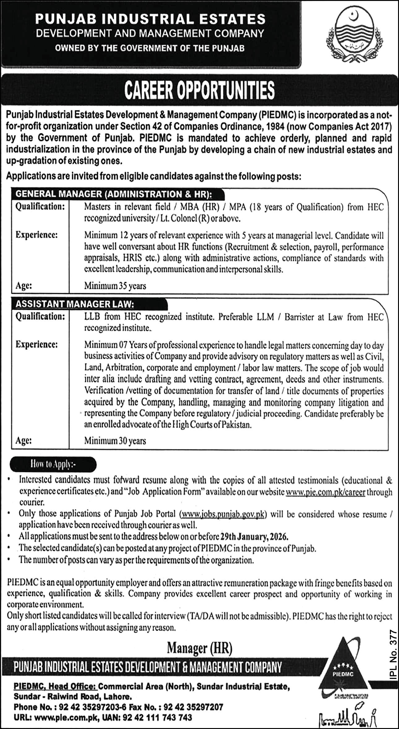 Punjab Industrial Estates PIE Lahore Jobs 2026 – Punjab Industrial Estates Development & Management Company Jobs 2026 — original advertisement