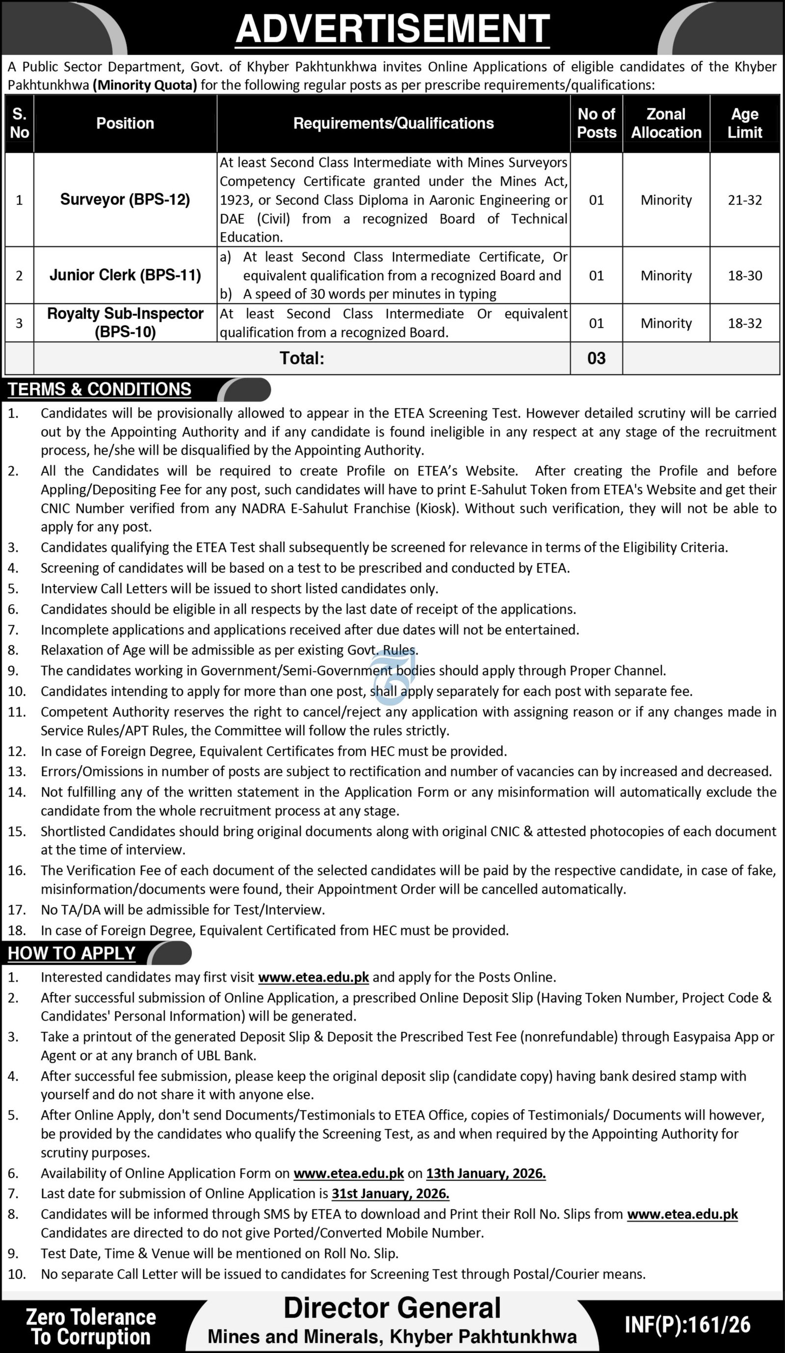Mines & Minerals Department Peshawar Jobs 2026 – Commissioner Mines Labour Welfare Peshawar Kpk Jobs 2026 — original advertisement