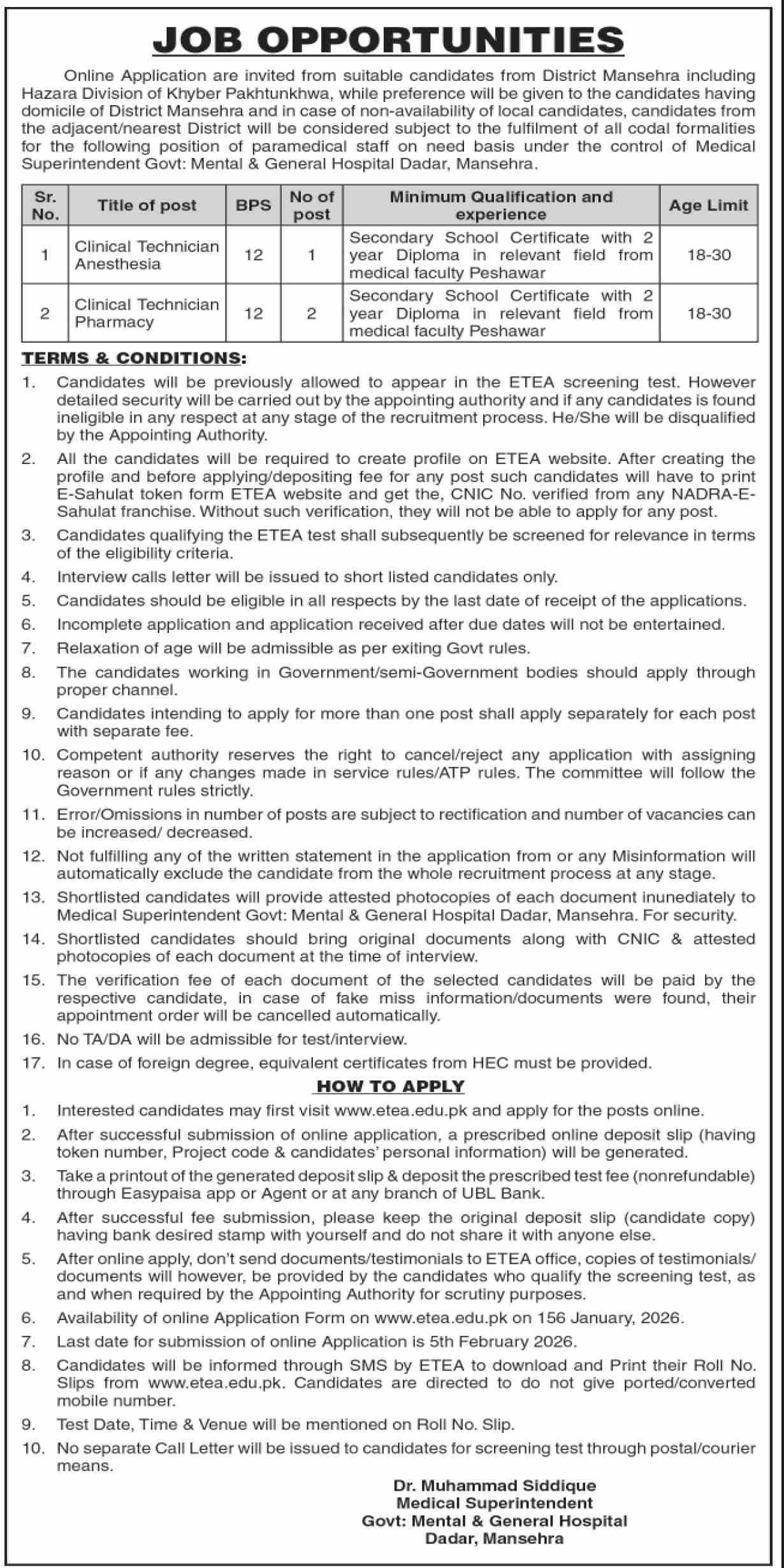 Govt Mental & General Hospital Dadar Mansehra Jobs 2026 – Public Sector Organization Jobs 2026 — original advertisement