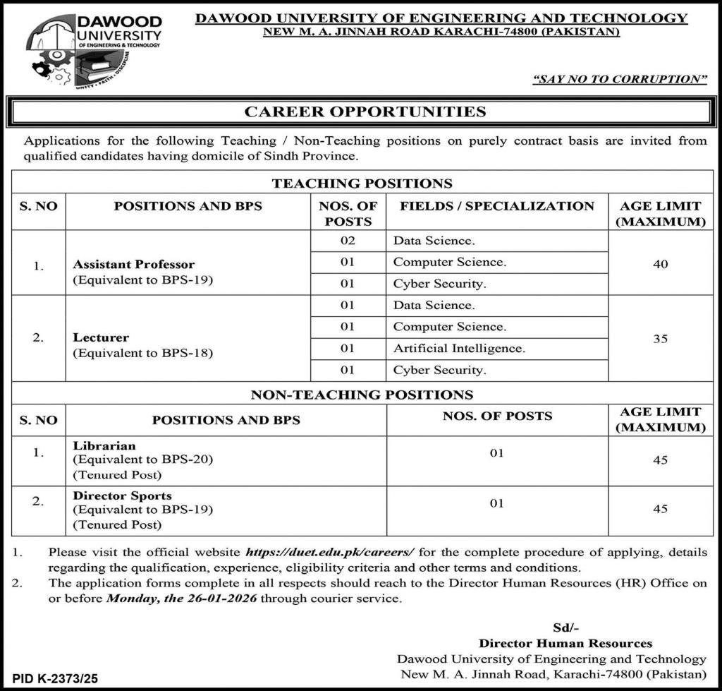 Dawood University Of Engineering & Technology DUET Jobs 2026 – Dawood University of Engineering and Technology Karachi Jobs 2026 — original advertisement