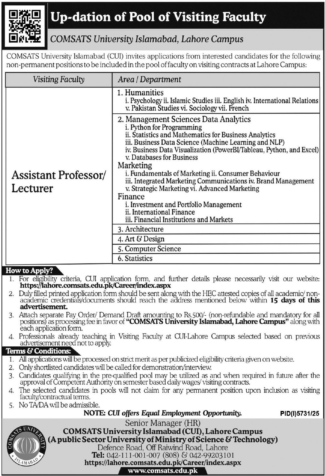 Comsats University CUI Visiting Faculty Jobs 2026 – COMSATS University Islamabad Jobs 2026 — original advertisement