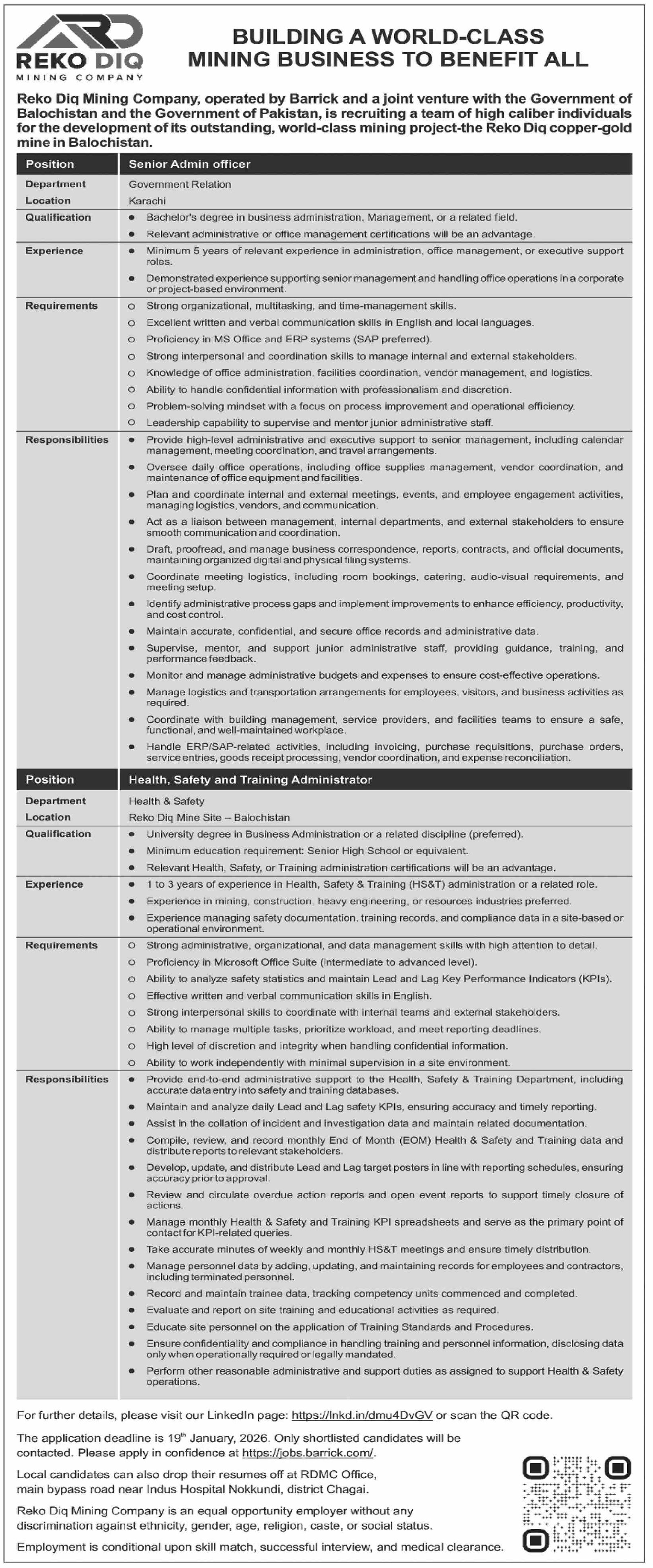 Reko Diq Mining Company RDMC Chaghi Jobs 2026 – Barrick Pakistan Jobs 2026 — original advertisement