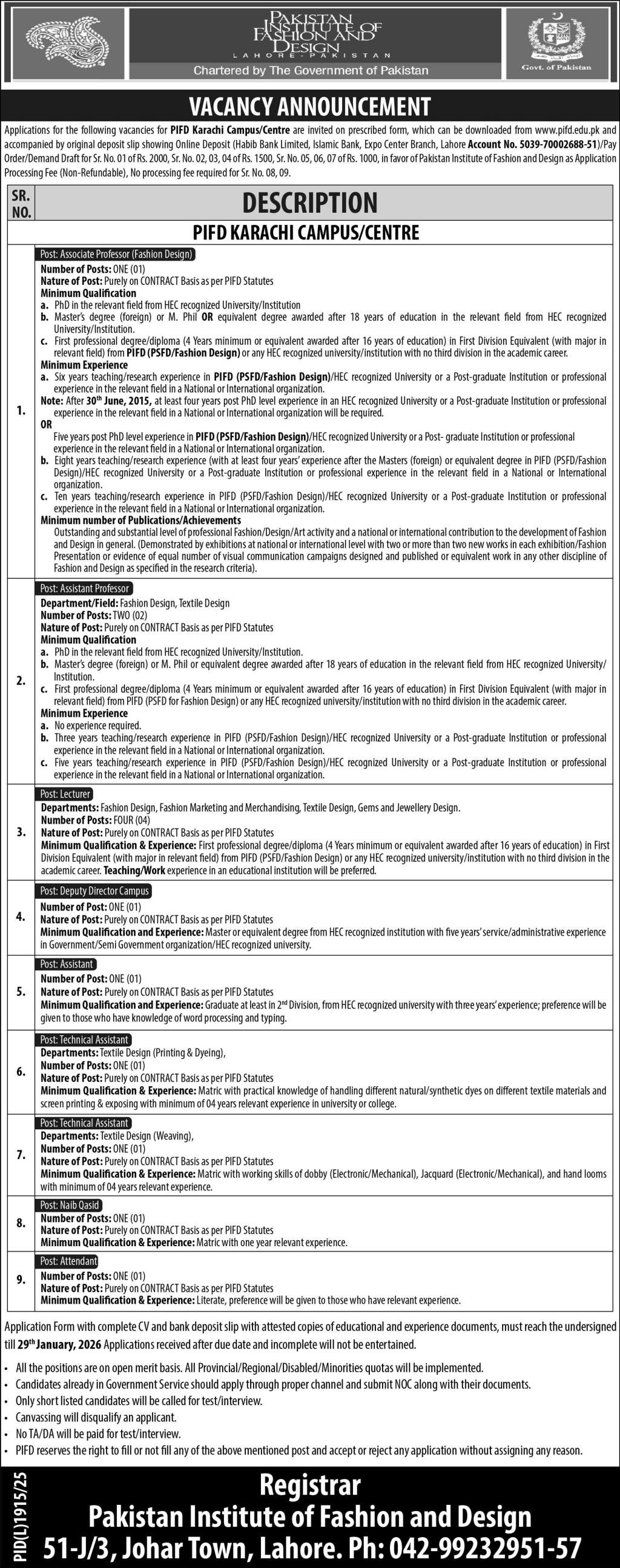 Pakistan Institute Of Fashion & Design PIFD Jobs 2026 – Pakistan Institute of Fashion and Design PIFD Lahore Jobs 2026 — original advertisement