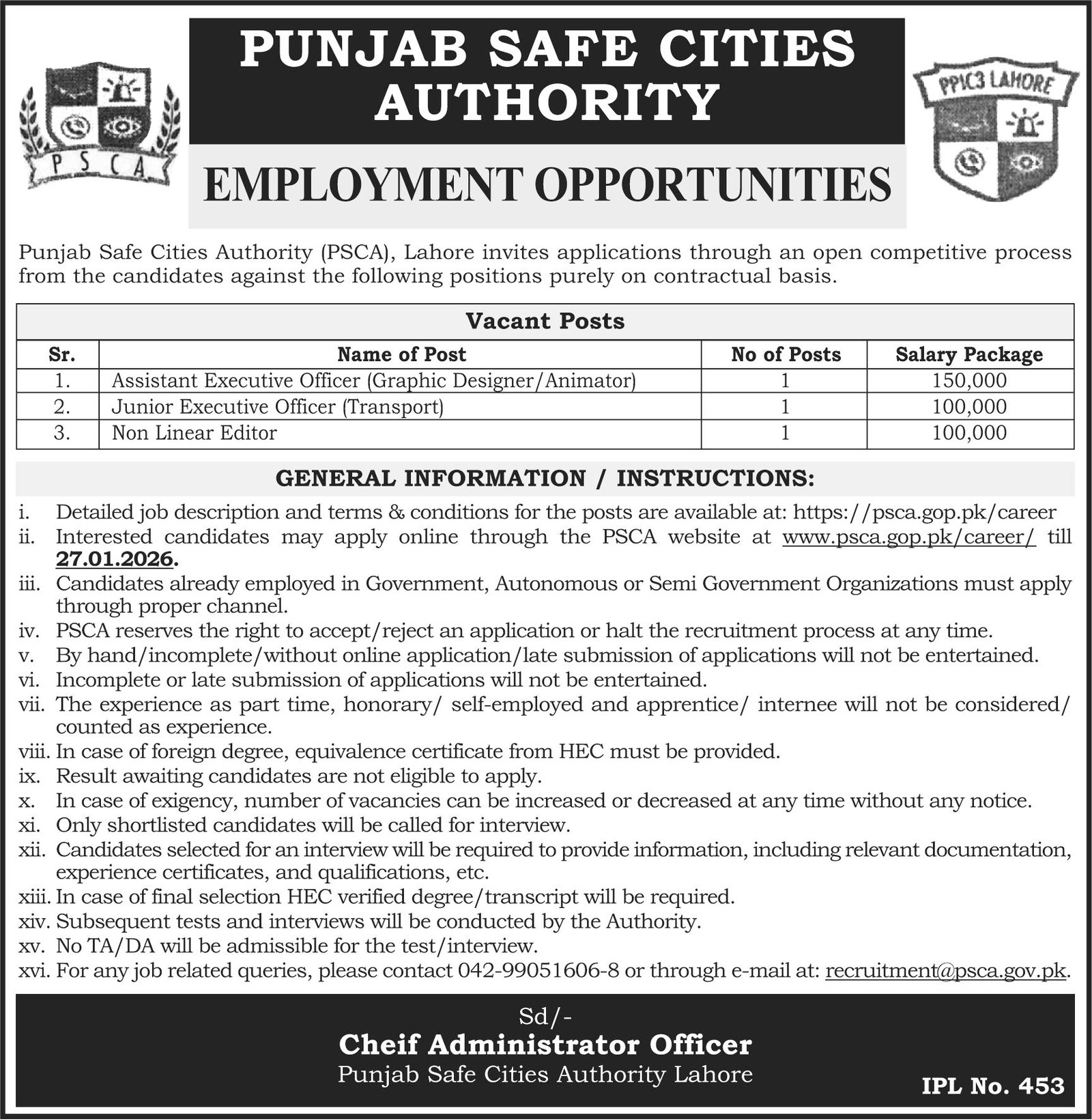 Punjab Safe Cities Authority PSCA Lahore Jobs 2026 Jobs 2026 — original advertisement