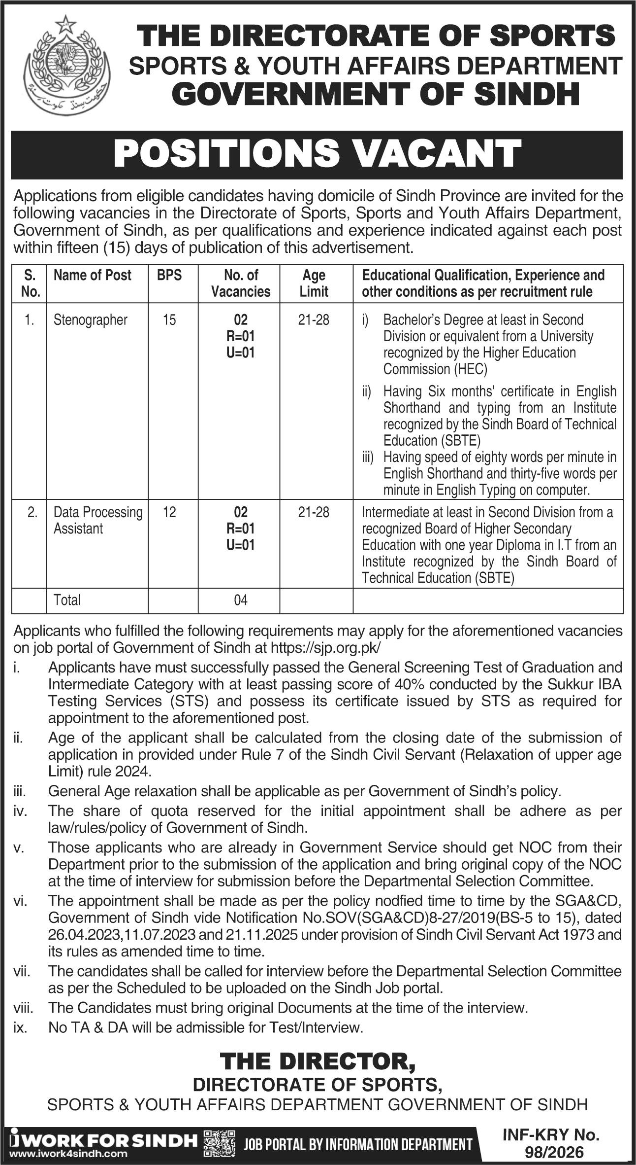 Sports And Youth Affairs Department Sindh Sukkur Jobs 2026 – Sports & Youth Affairs Department Sindh Jobs 2026 — original advertisement