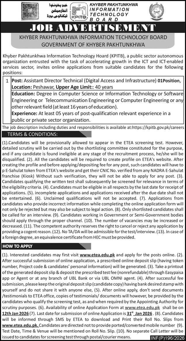 KPITB Khyber Pakhtunkhwa Information Technology Board Jobs – Khyber Pakhtunkhwa Information Technology Board (KPITB) Peshawar Jobs 2026 — original advertisement