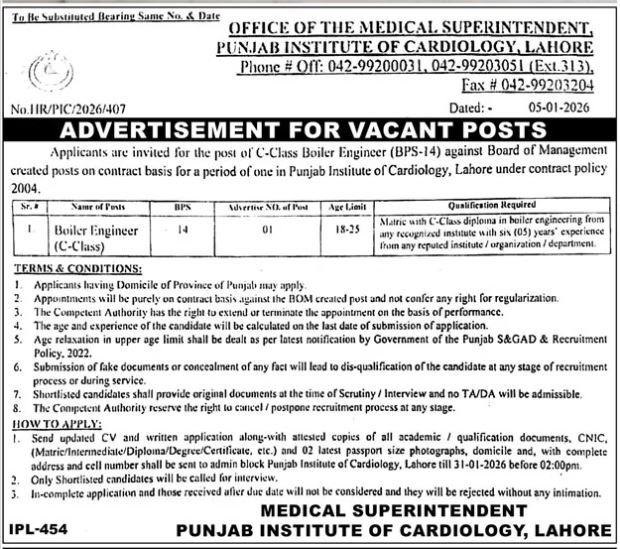 Punjab Institute Of Cardiology Lahore Jobs 2026 Jobs 2026 — original advertisement