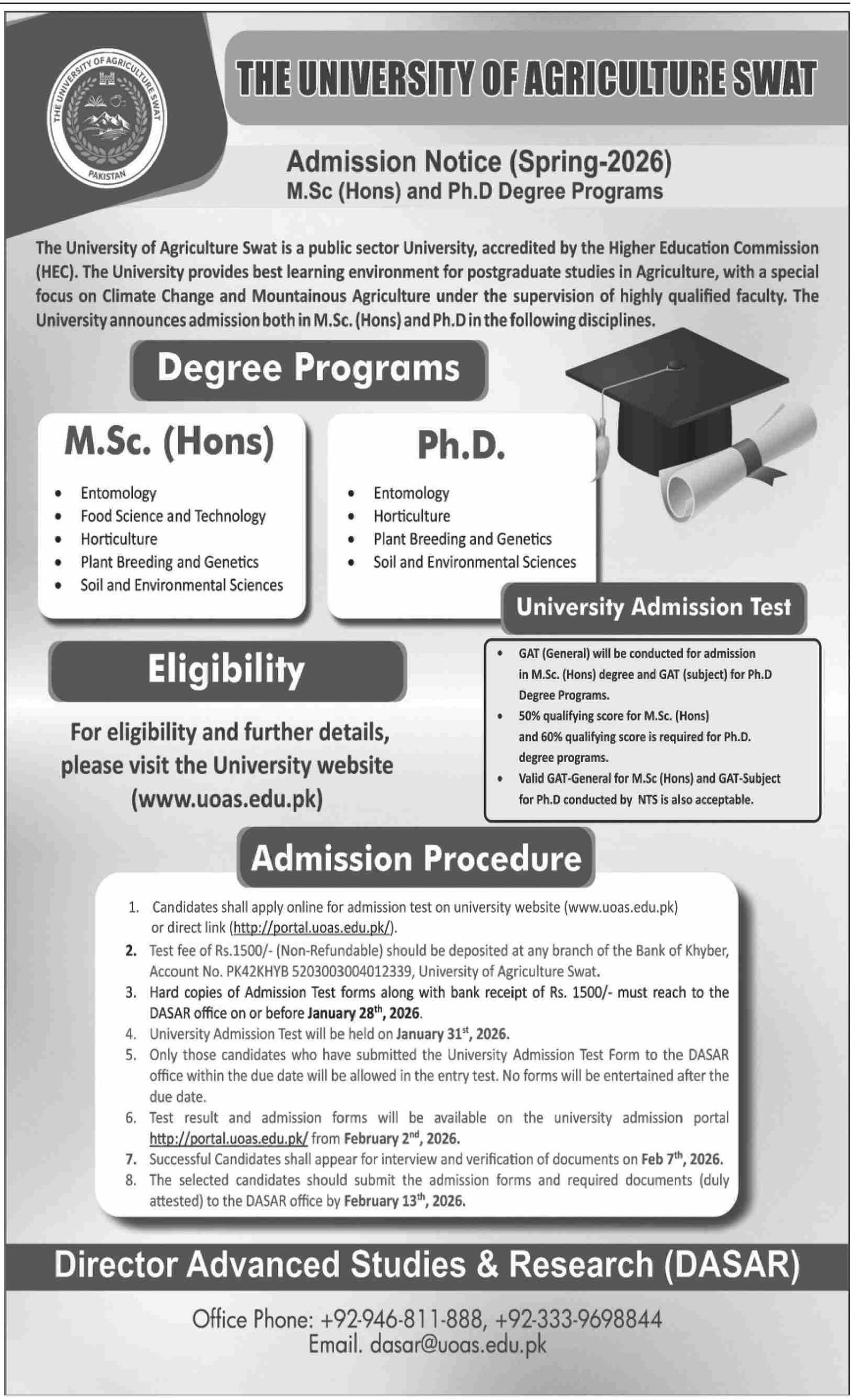 Admission Open in University of Agriculture Swat 2026 – The University of Agriculture Peshawar Admissions 2026 — original advertisement