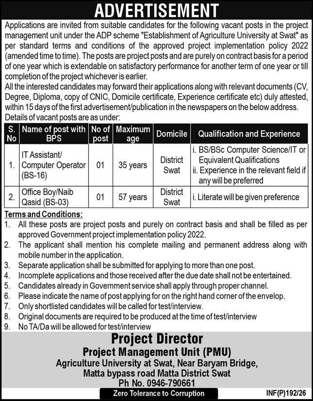 University Of Agriculture Swat Jobs 2026 For IT Assistant – University Of Agricultural Swat Jobs 2026 — original advertisement