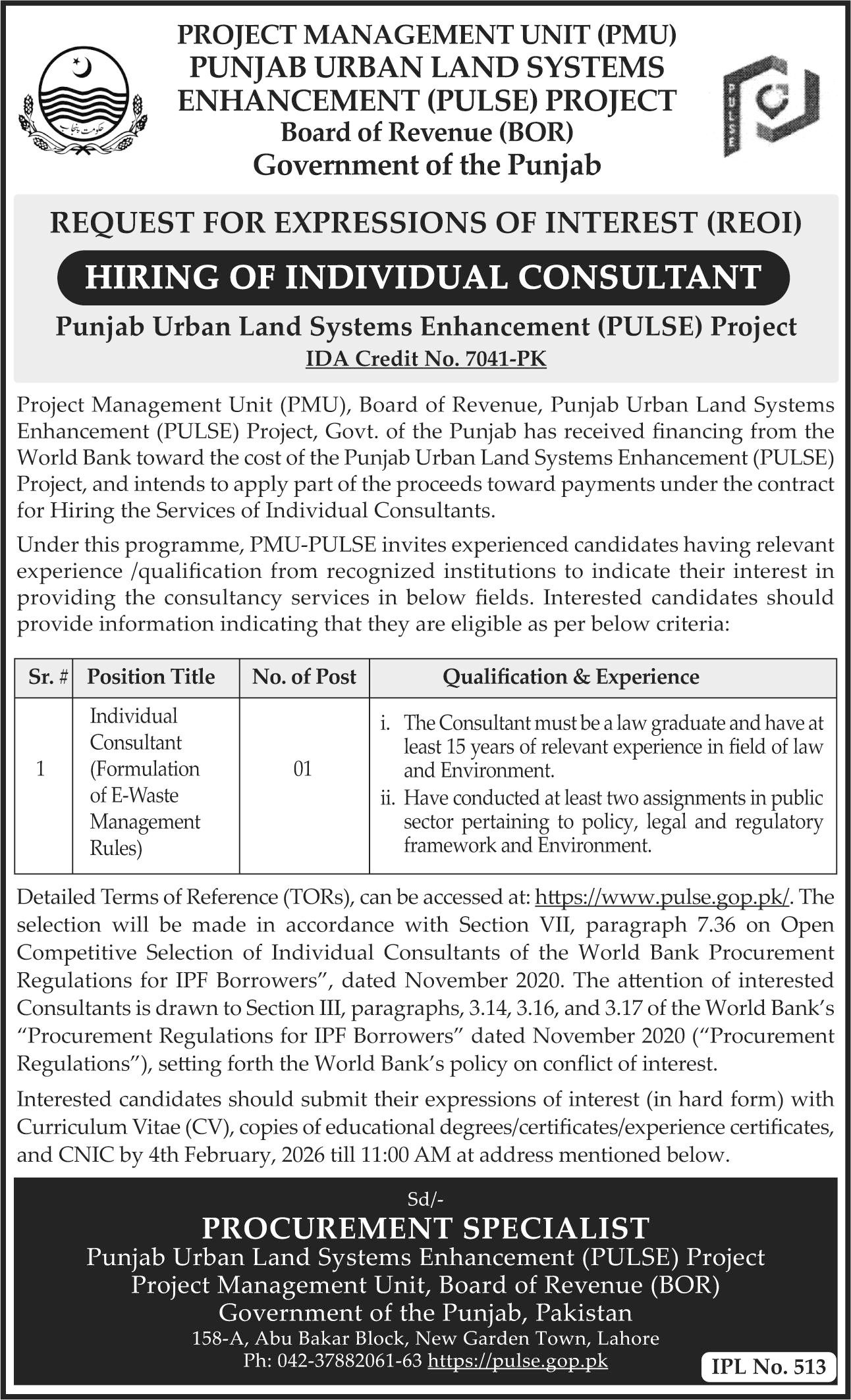 Punjab Urban Land Systems Enhancement Jobs 2026 – Govt of Punjab Jobs 2026 — original advertisement