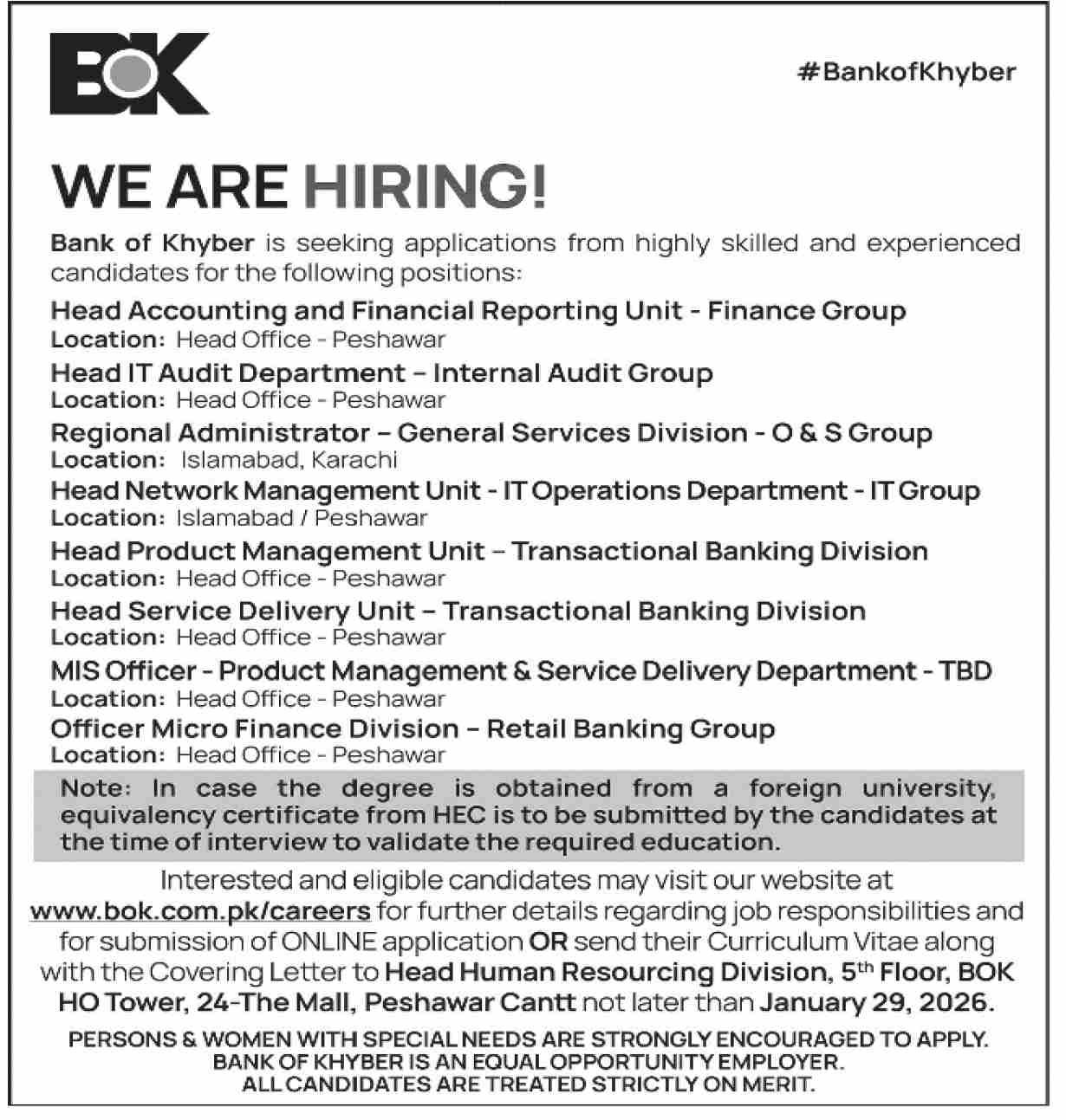 The Bank Of Khyber BOK Peshawar Cantt Job 2026 Jobs 2026 — original advertisement