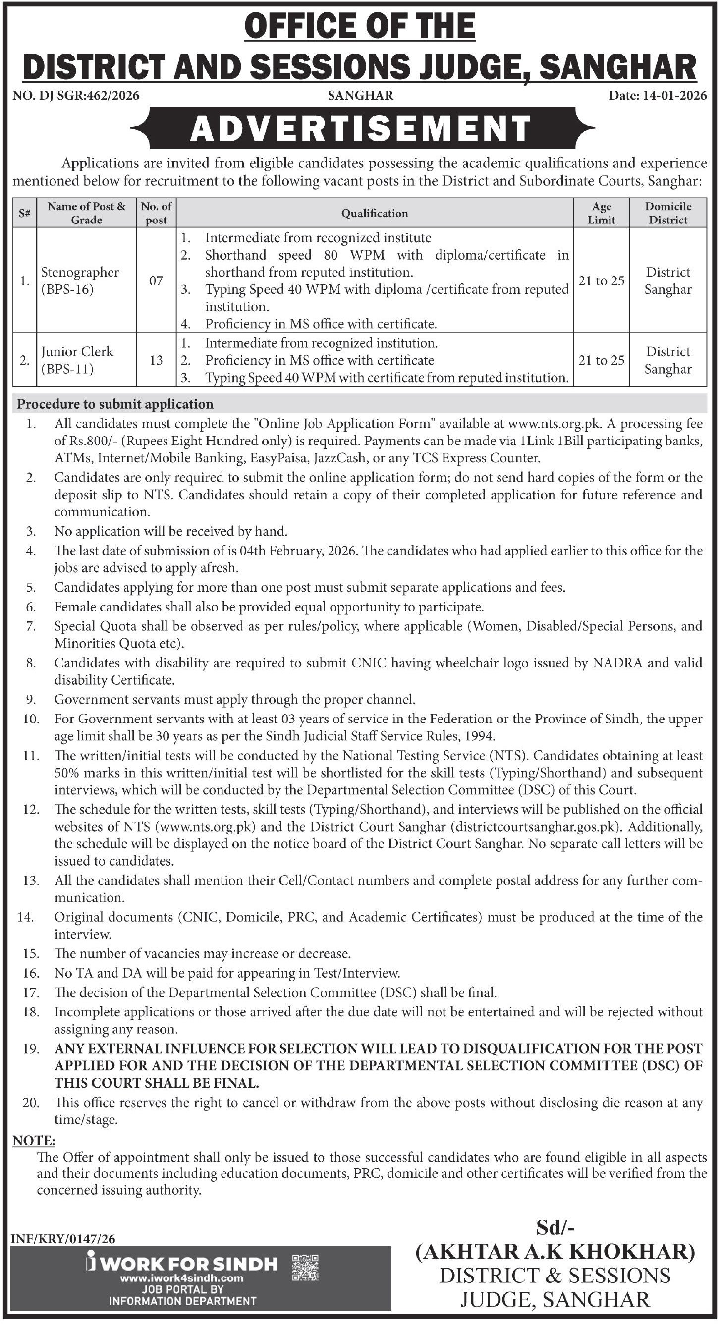 District & Session Judge Sanghar Jobs 2026 Jobs 2026 — original advertisement