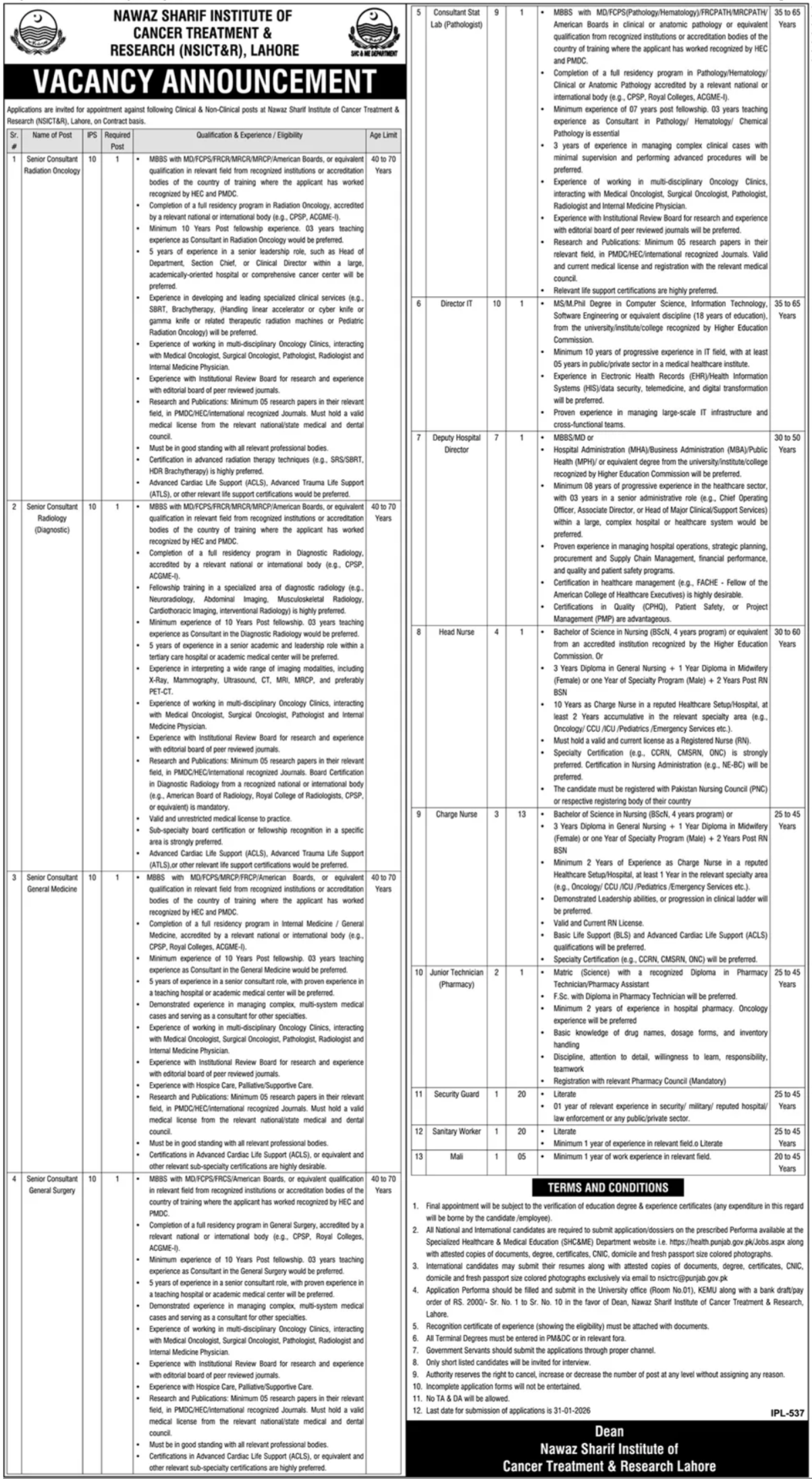 Nawaz Sharif Institute Of Cancer Treatment NSICT&R Jobs 2026 – Muhammad Nawaz Sharif Teaching Hospital Lahore Jobs 2026 — original advertisement