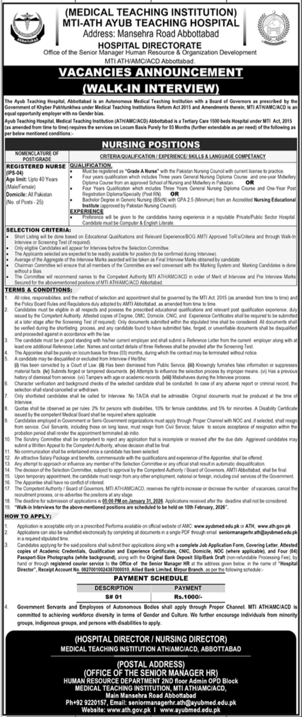 Ayub Teaching Hospital ATH MTI Abbottabad Jobs 2026 – Ayub Medical and Teaching Institution Abbottabad Jobs 2026 — original advertisement