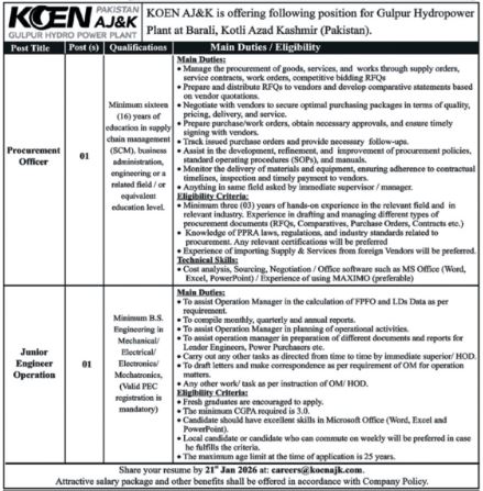 KOEN AJ&K Kotli Jobs 2026 – KOEN Azad Jammu And Kashmir Jobs 2026 — original advertisement