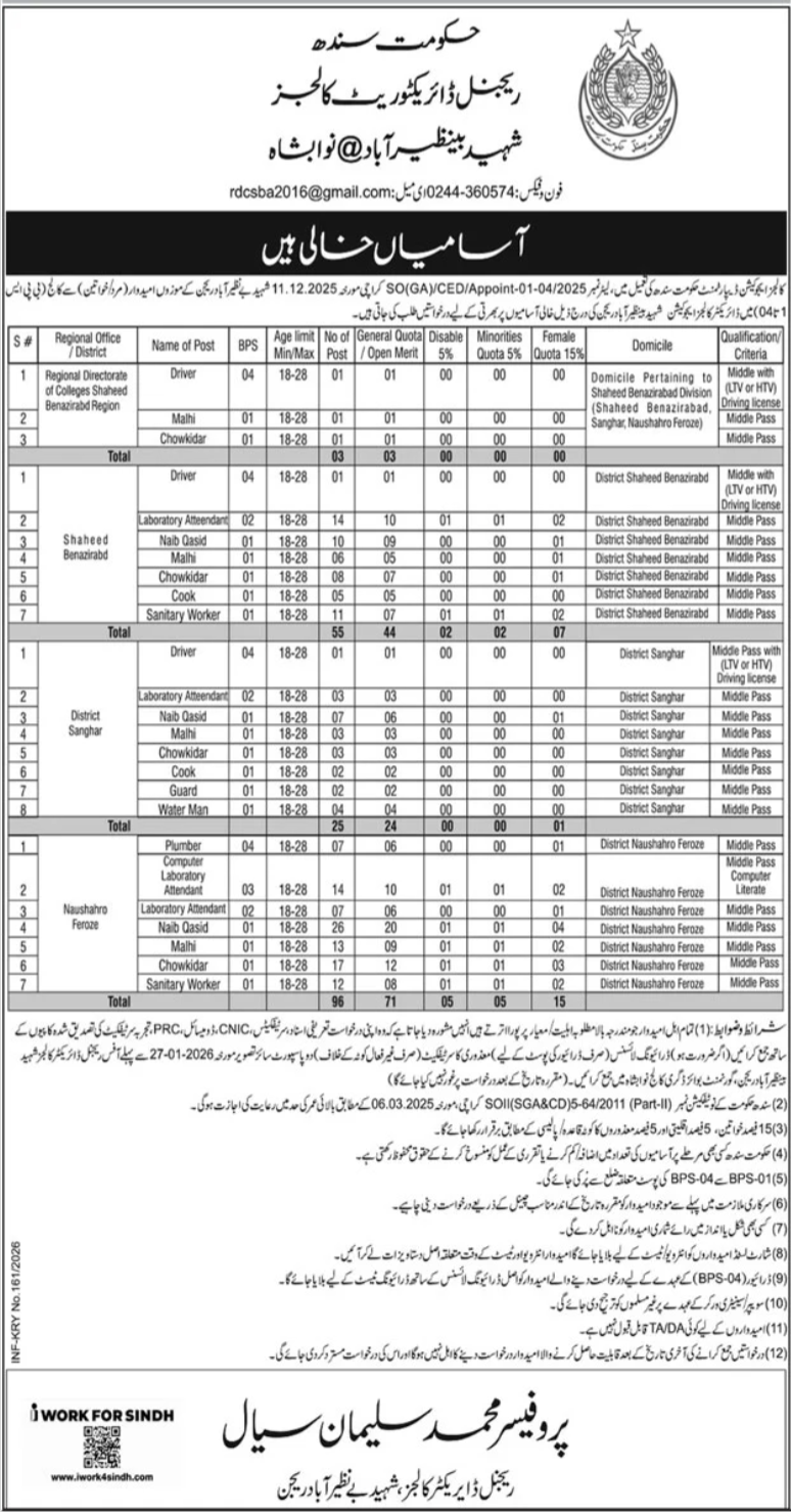 Regional Directorate of College Nawabshah Jobs 2026 Jobs 2026 — original advertisement