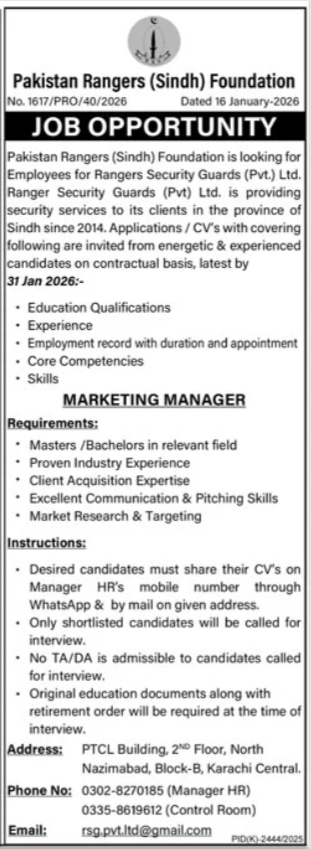Pakistan Rangers Sindh Foundation Karachi Jobs 2026 – Sindh Rangers Jobs 2026 — original advertisement