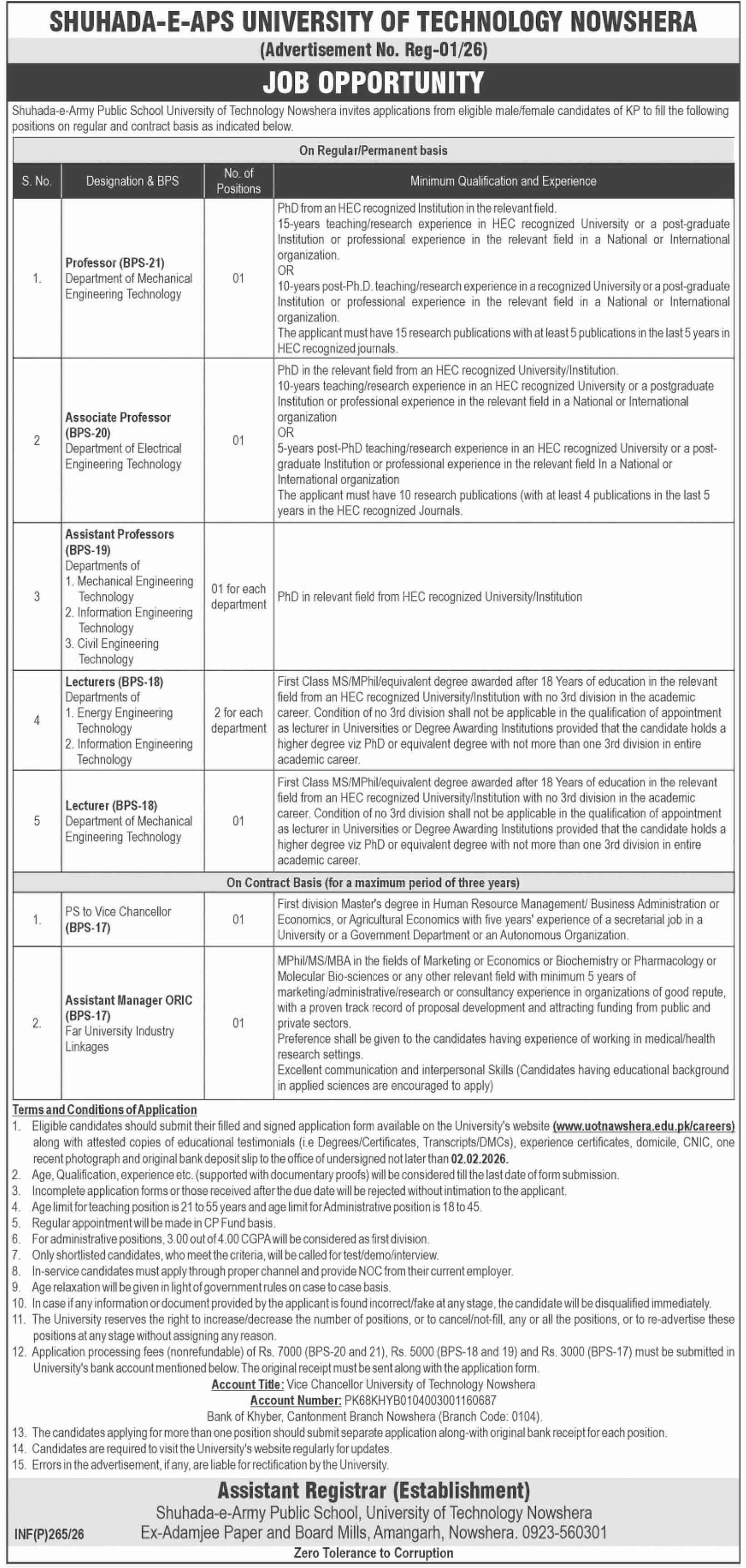 Shuhada e APS University of Technology Nowshera Jobs 2026 Jobs 2026 — original advertisement