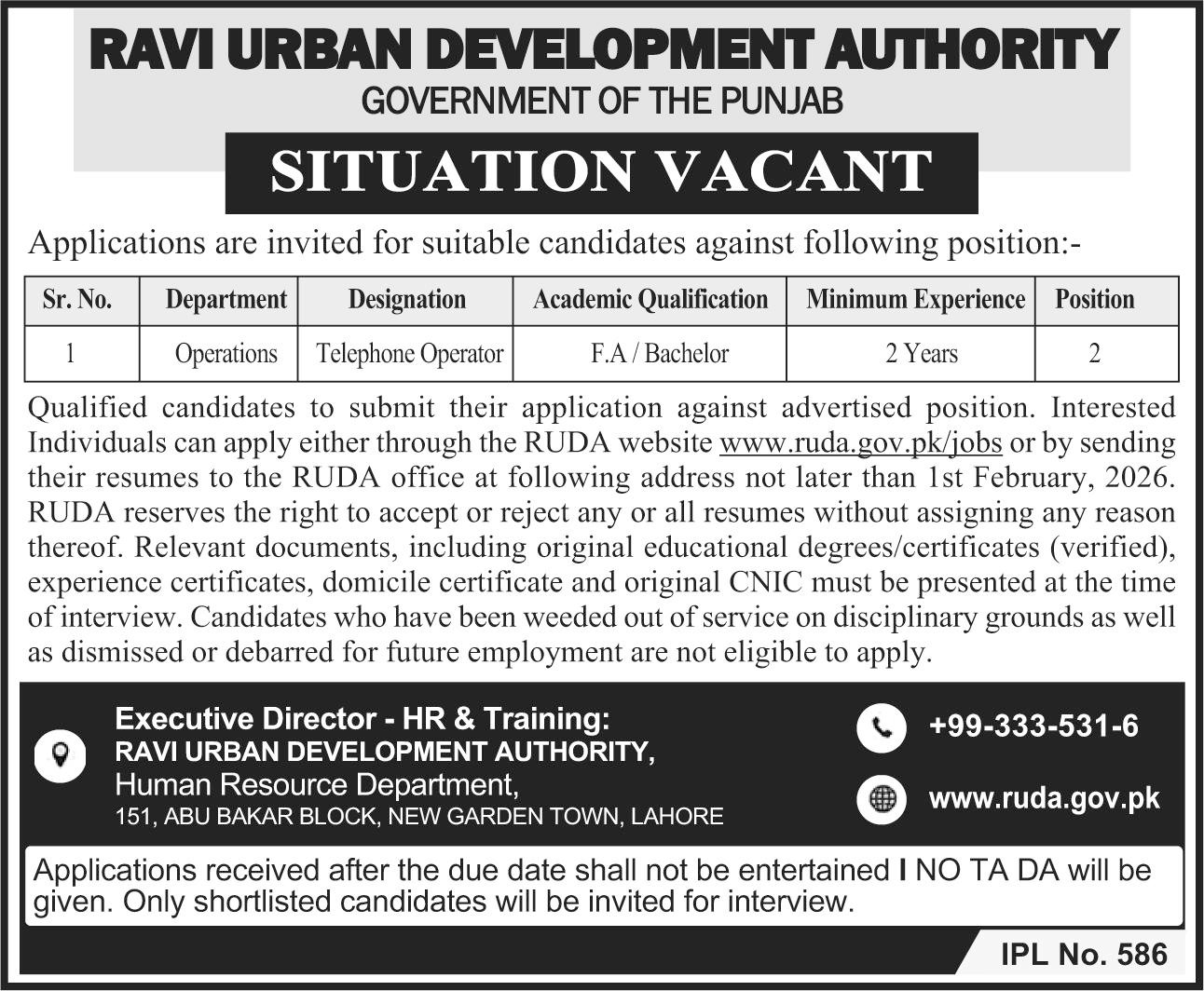 Ravi Urban Development Authority RUDA Lahore Jobs 2026 – Ravi Urban Development Authority RUDA Punjab Jobs 2026 — original advertisement