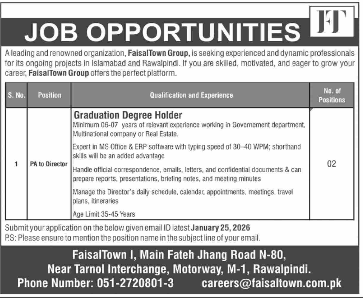 Faisal Town Private Limited Rawalpindi Jobs 2026 Jobs 2026 — original advertisement